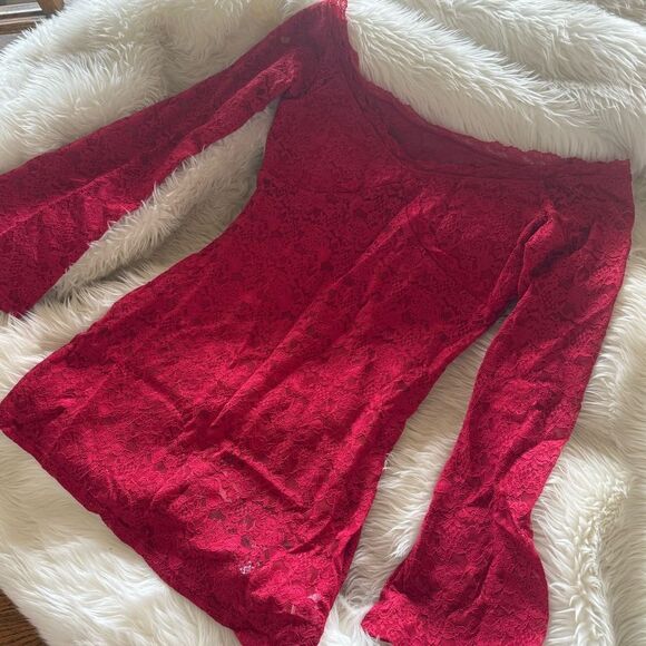 Red Lace Off-Shoulder Dress - Picture 5 of 6